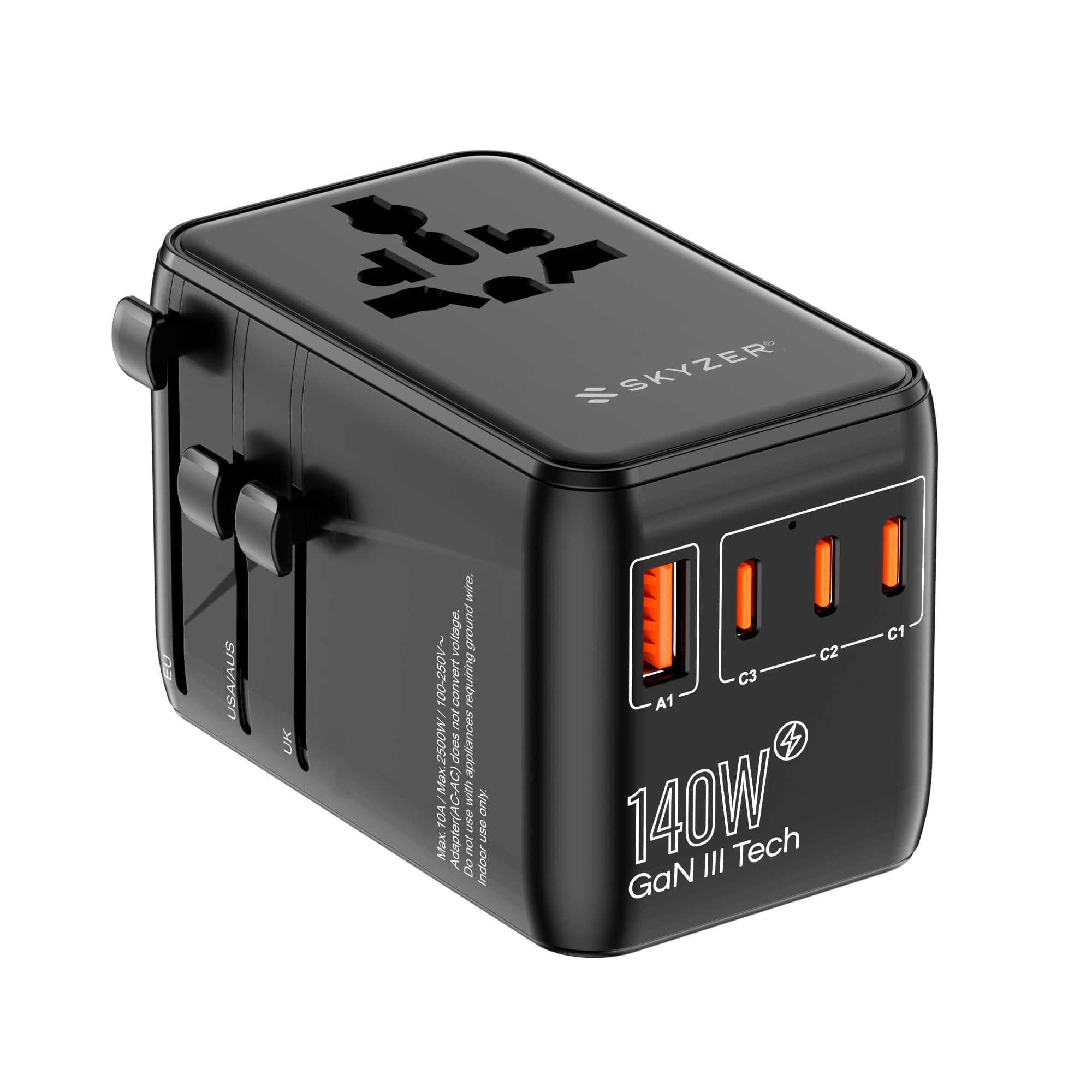 SKYZER PD175BK | 140W GaN Fast-Charging Travel Adapter with 3 USB-C, USB-A & Dual AC Sockets
