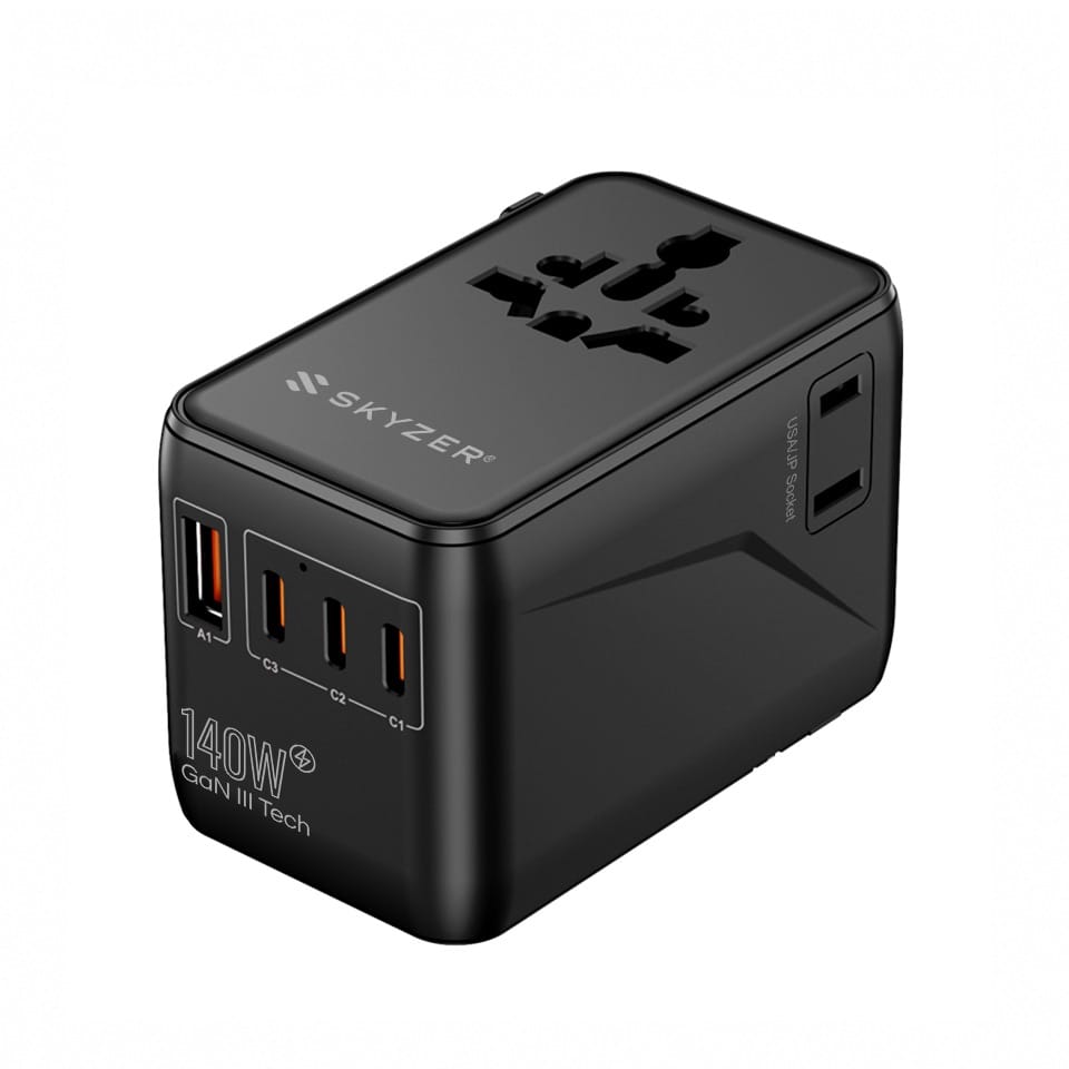 SKYZER PD175BK | 140W GaN Fast-Charging Travel Adapter with 3 USB-C, USB-A & Dual AC Sockets