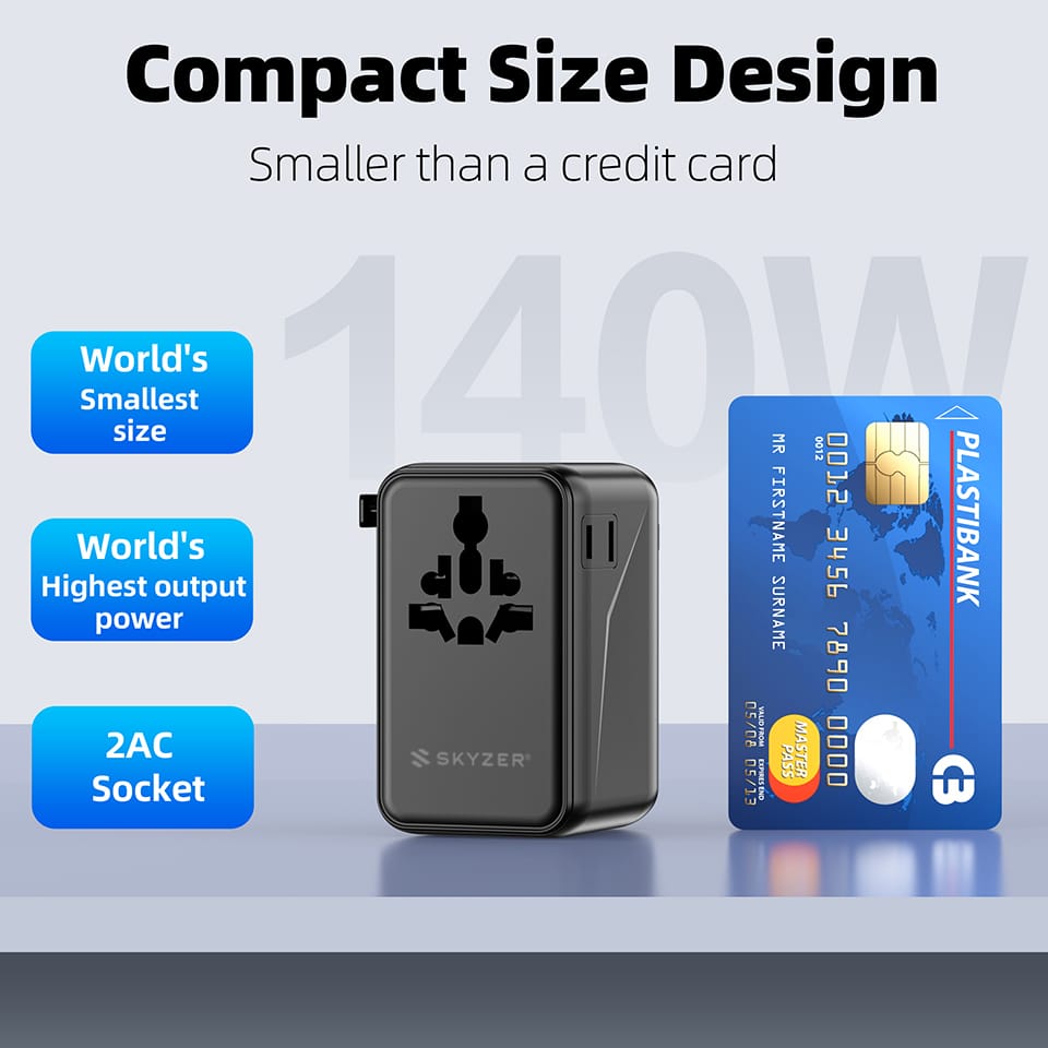 SKYZER PD175BK | 140W GaN Fast-Charging Travel Adapter with 3 USB-C, USB-A & Dual AC Sockets