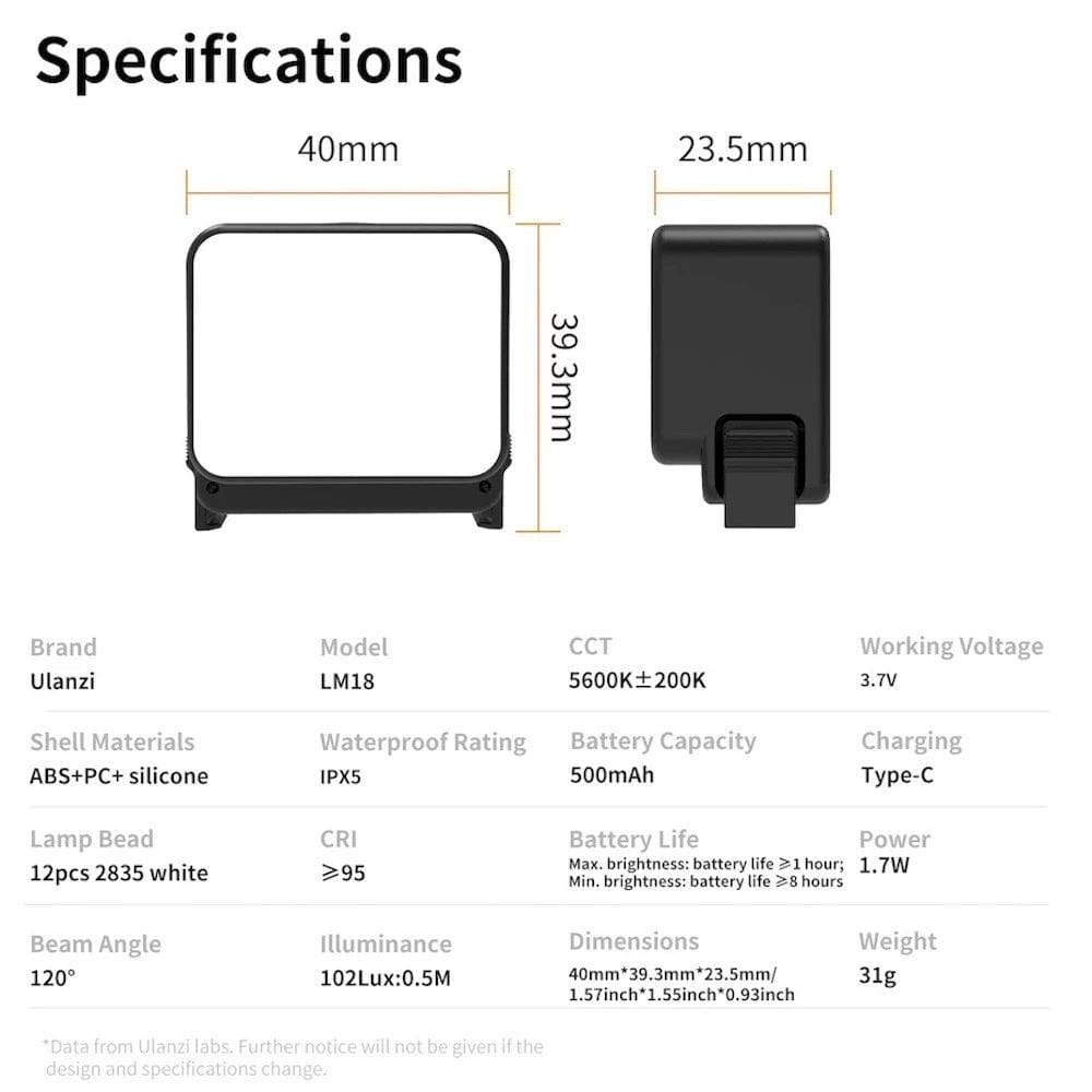 Ulanzi LM18 Mini LED Video Light for DJI Osmo Action 5/4/3 & Pocket 3