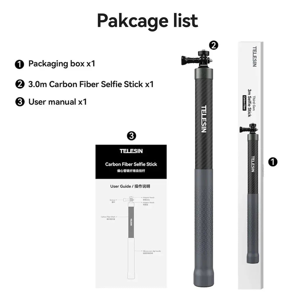 Telesin 3m Carbon Fiber Selfie Stick For Action Camera