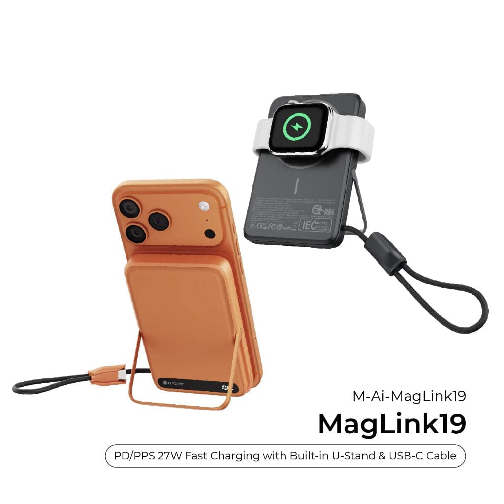 Mazer MagLink19 10,000mAh 15W PD27W Magnetic Wireless Charging Power Bank With Built-in USB-C Cable (CCC Certified)