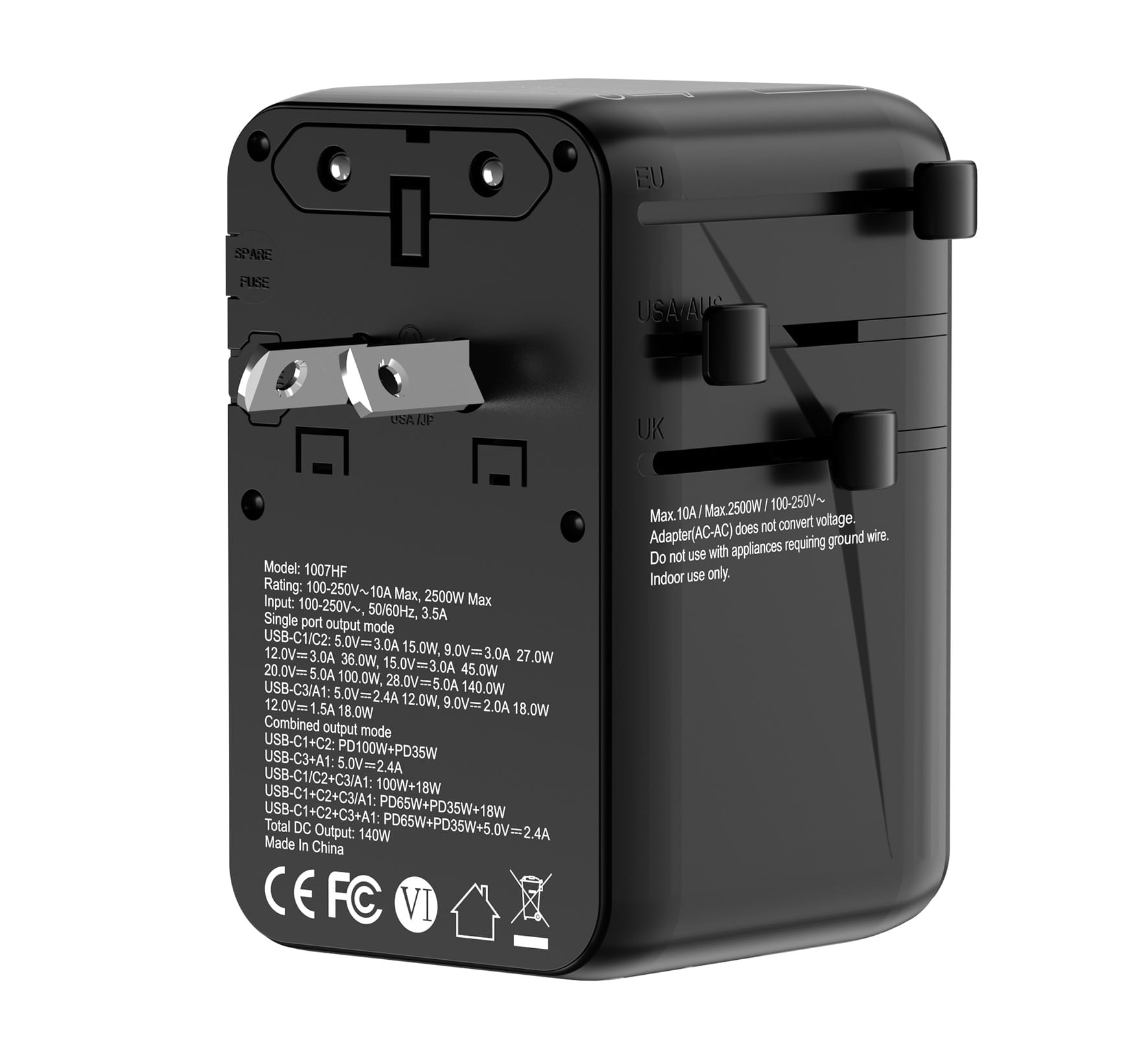 SKYZER PD175BK | 140W GaN Fast-Charging Travel Adapter with 3 USB-C, USB-A & Dual AC Sockets