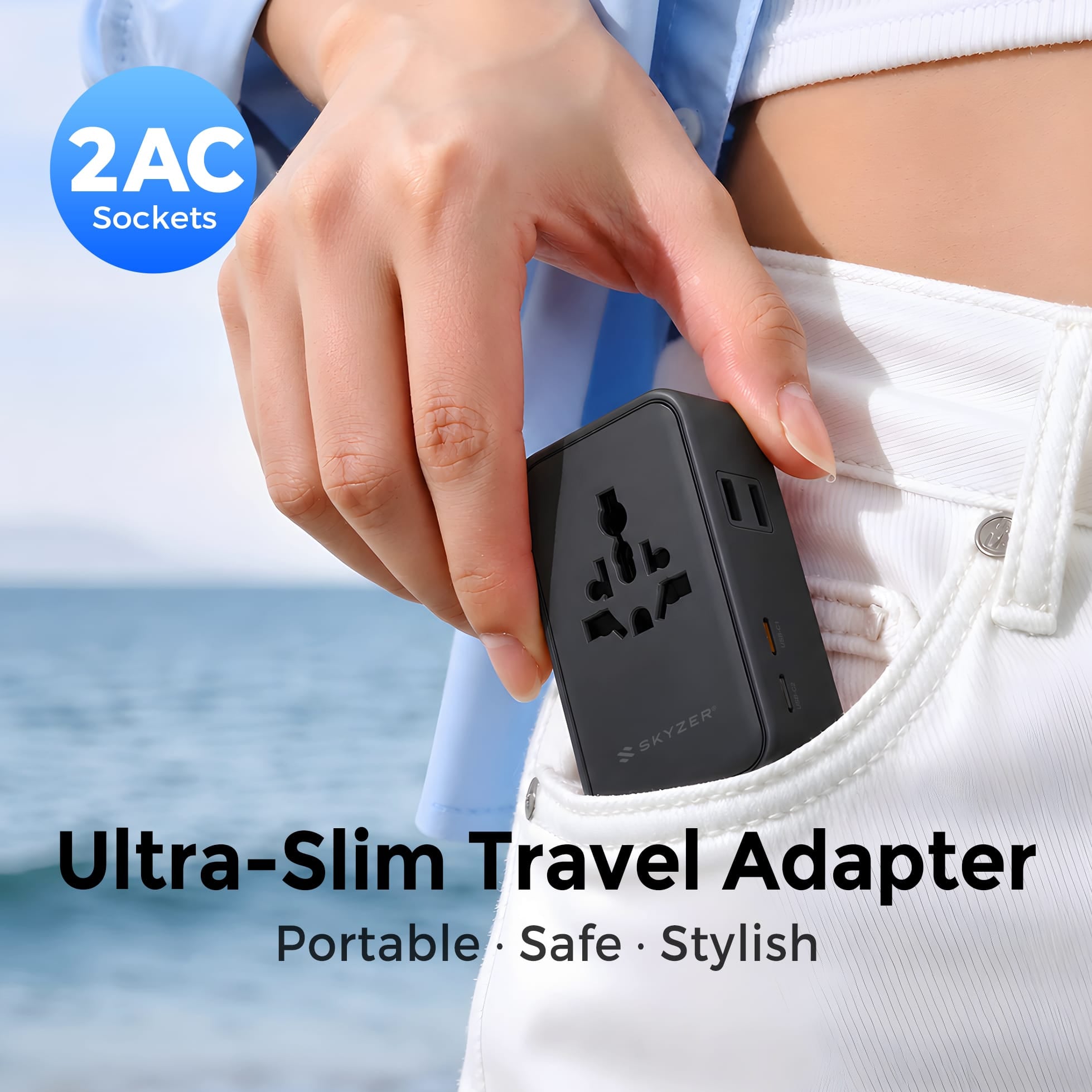 SKYZER PD174BK | 70W GaN III Ultra-Slim Travel Adapter with 4 USB Ports & Dual AC Sockets