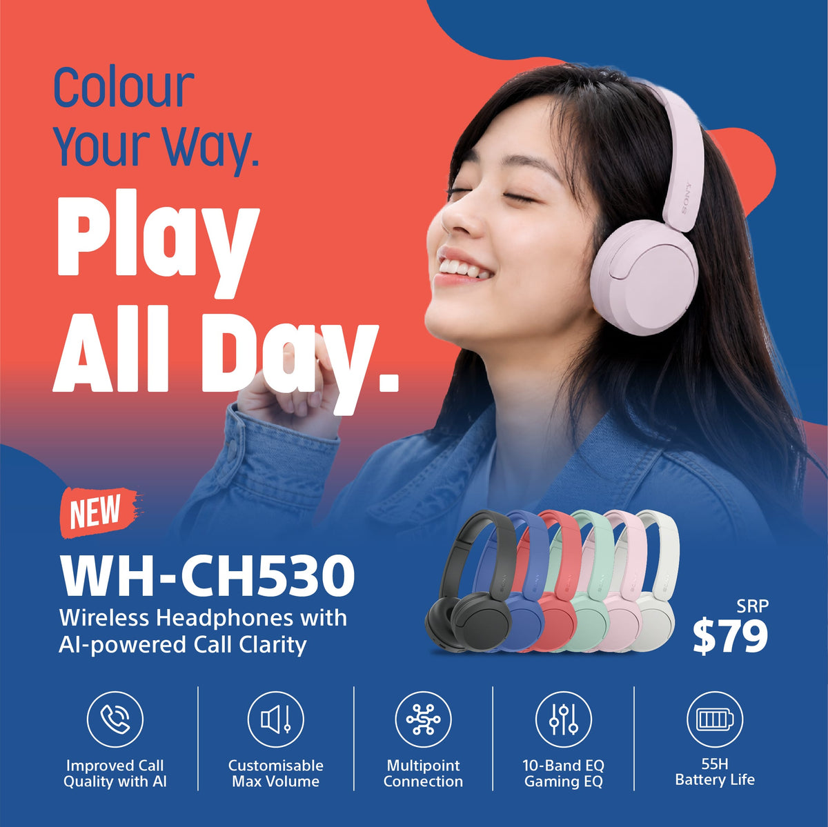 Sony WH-CH530 Wireless Headphones with Microphone