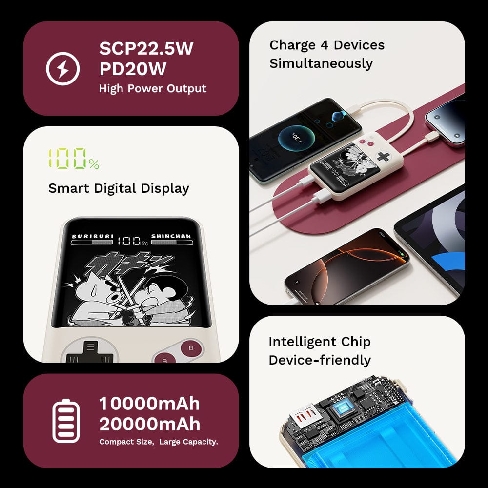 ROCK Crayon Shinchan P95 PD 22.5W Fast Charging Power Bank with Built-in Cables (10000mAh)