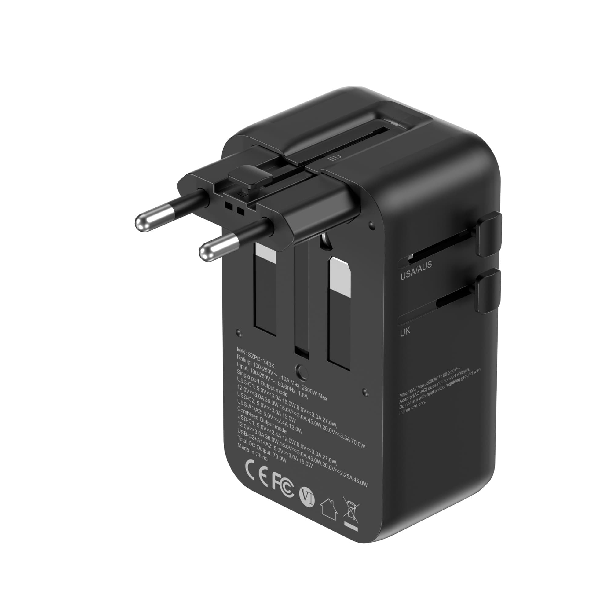 SKYZER PD174BK | 70W GaN III Ultra-Slim Travel Adapter with 4 USB Ports & Dual AC Sockets