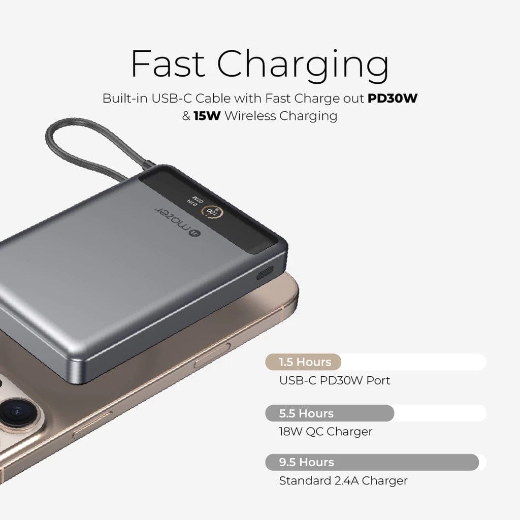 Mazer MagLink70 10,000 mAh Qi2 Certified 15W PD30W Magnetic Wireless Power Bank with Built in USB-C Cable (CCC Certified)