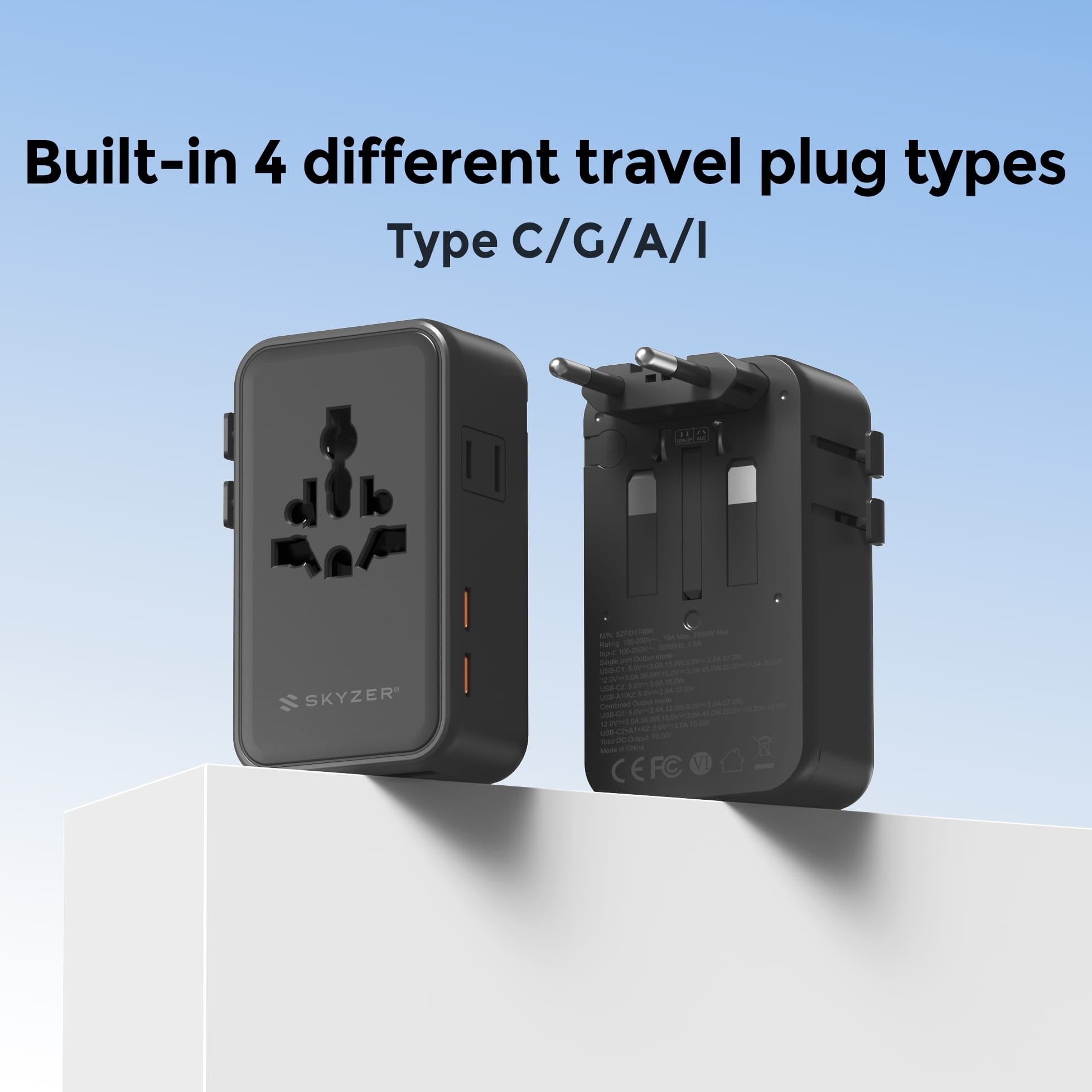 SKYZER PD152BK | 45W GaN Ultra-Slim Travel Adapter with 4 USB Ports & Dual AC Sockets