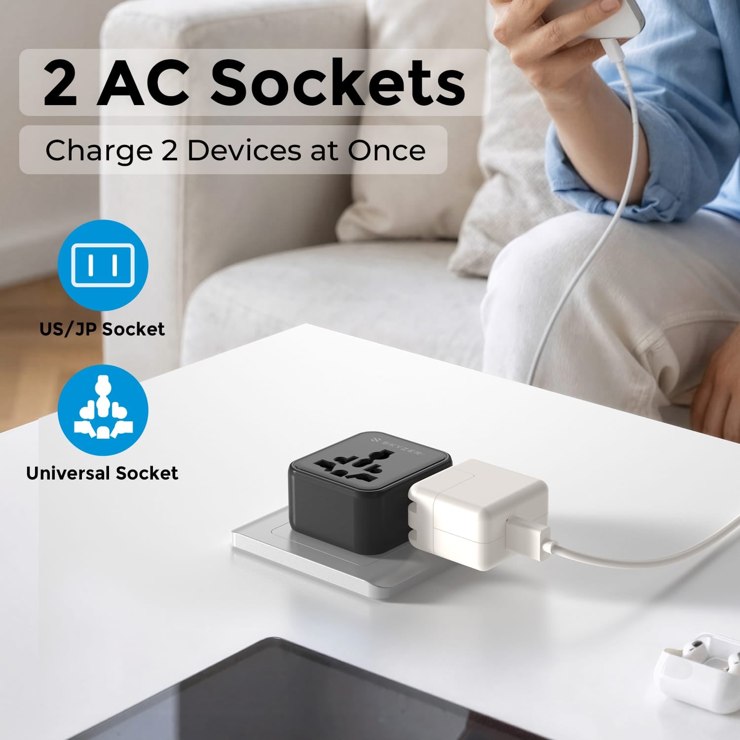 SKYZER PD151BK | Ultra-Slim Multi-Nation Travel Adapter with Dual AC Sockets