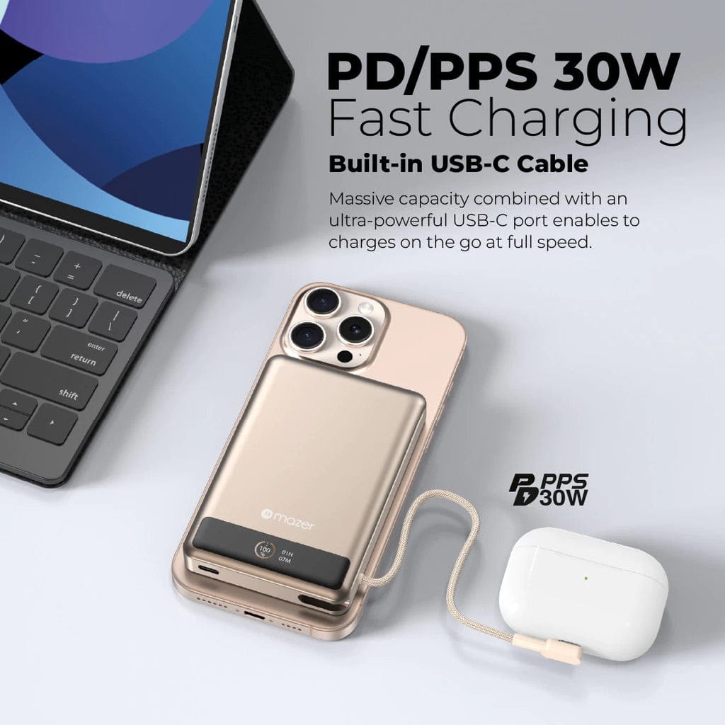 Mazer MagLink70 10,000 mAh Qi2 Certified 15W PD30W Magnetic Wireless Power Bank with Built in USB-C Cable (CCC Certified)