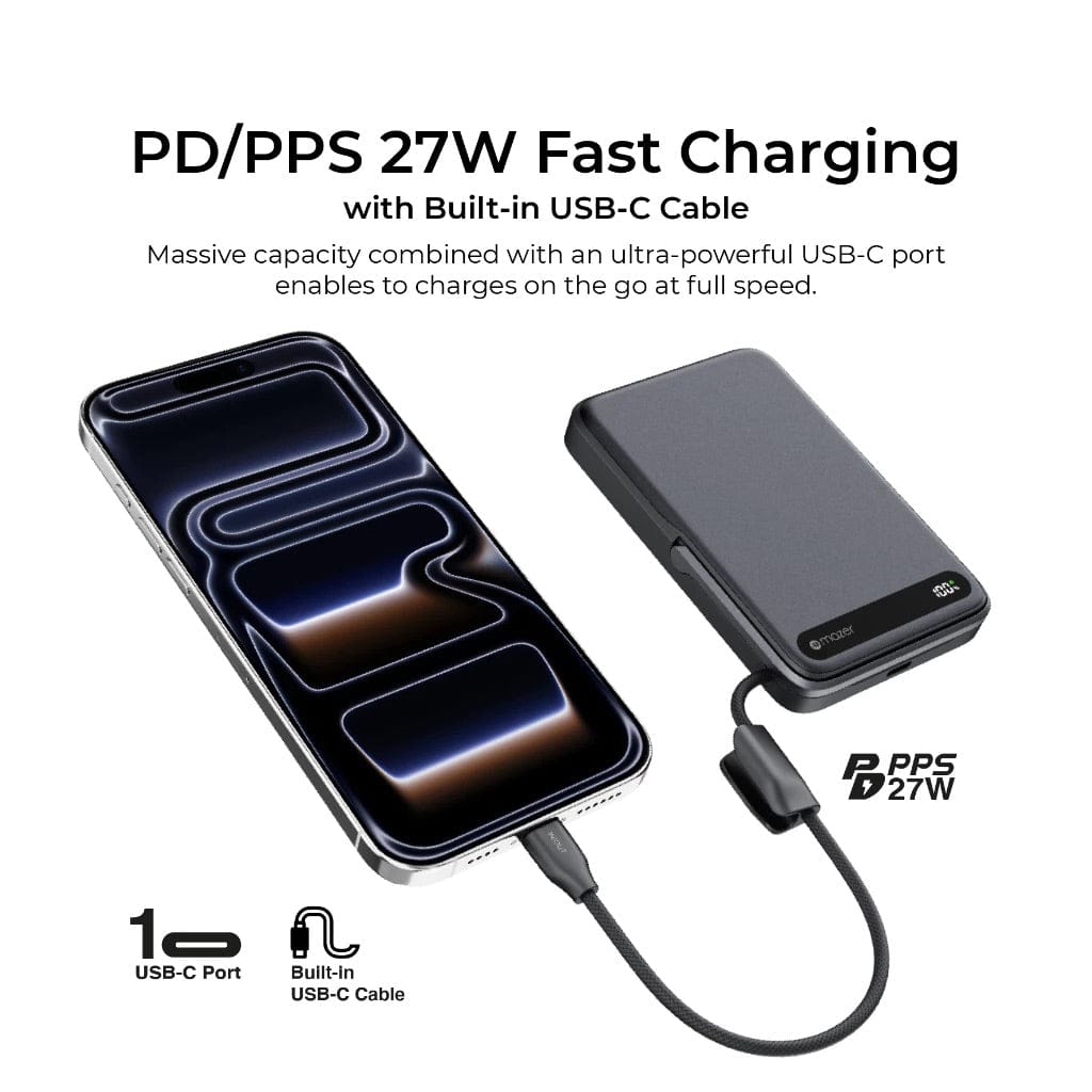 Mazer MagLink19 10,000mAh 15W PD27W Magnetic Wireless Charging Power Bank With Built-in USB-C Cable (CCC Certified)