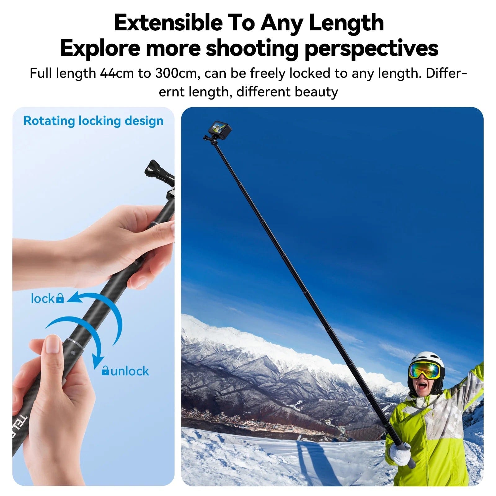 Telesin 3m Carbon Fiber Selfie Stick For Action Camera