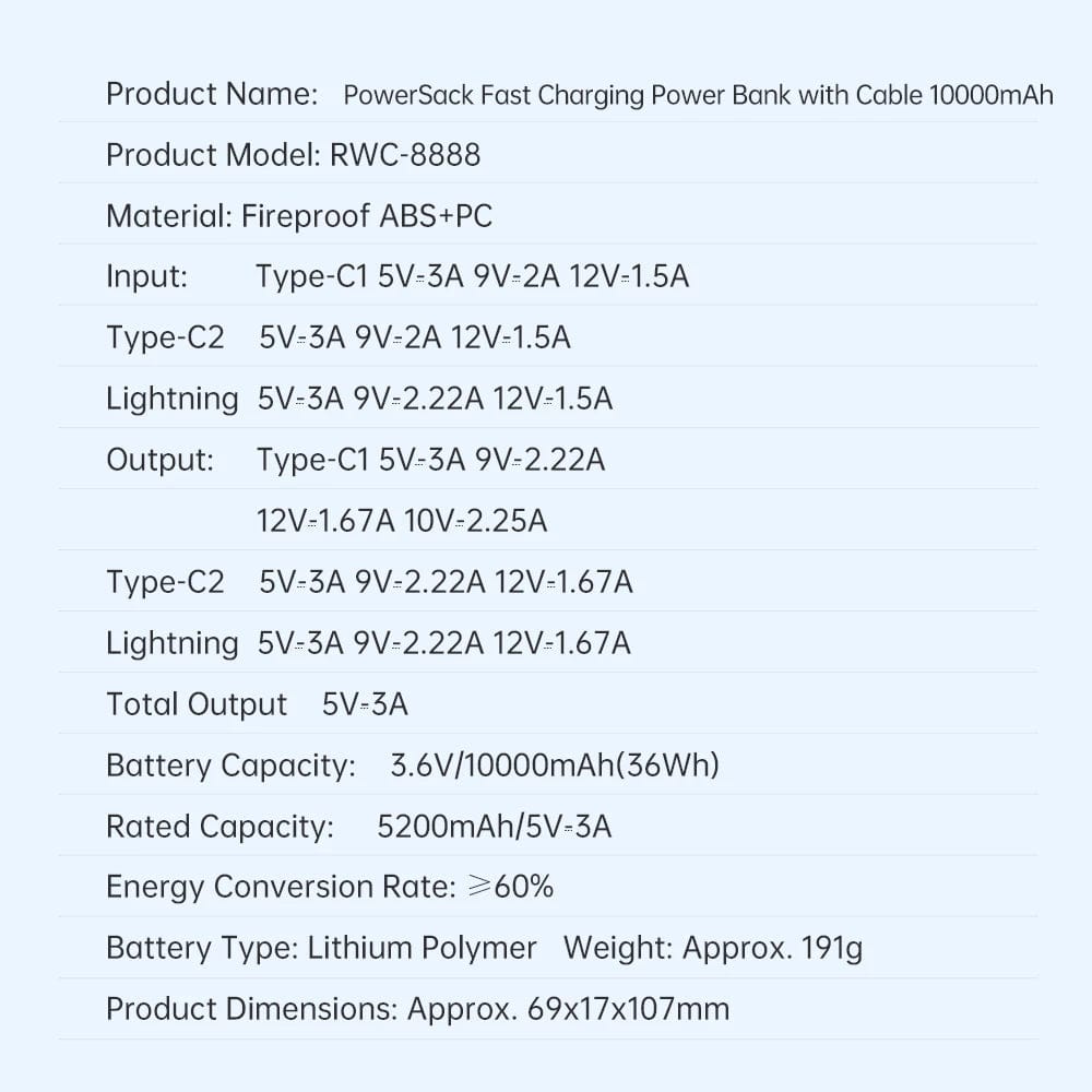 ROCK Powersack Fast Charging Power Bank With Cable 10000MAH
