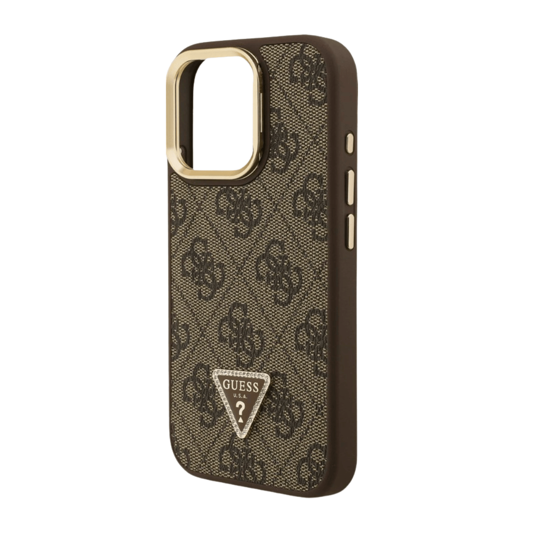 Guess PU 4G Strass Triangle Logo Stand Camera Frame MagSafe Case for iPhone 16 Pro