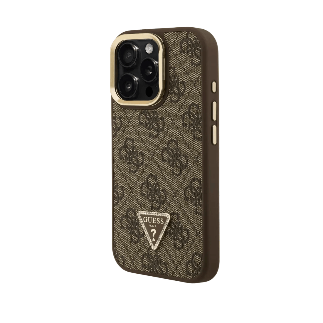 Guess PU 4G Strass Triangle Logo Stand Camera Frame MagSafe Case for iPhone 16 Pro