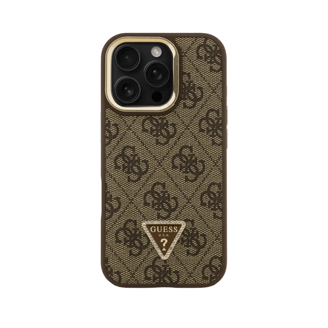 Guess PU 4G Strass Triangle Logo Stand Camera Frame MagSafe Case for iPhone 16 Pro