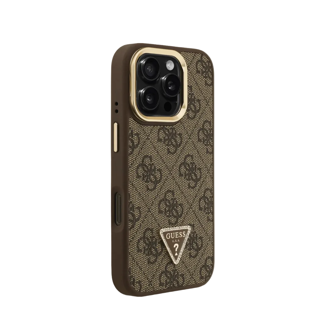 Guess PU 4G Strass Triangle Logo Stand Camera Frame MagSafe Case for iPhone 16 Pro