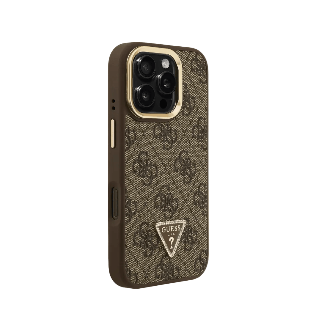 Guess PU 4G Strass Triangle Logo Stand Camera Frame MagSafe Case for iPhone 16 Pro