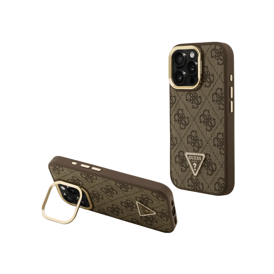 Guess PU 4G Strass Triangle Logo Stand Camera Frame MagSafe Case for iPhone 16 Pro