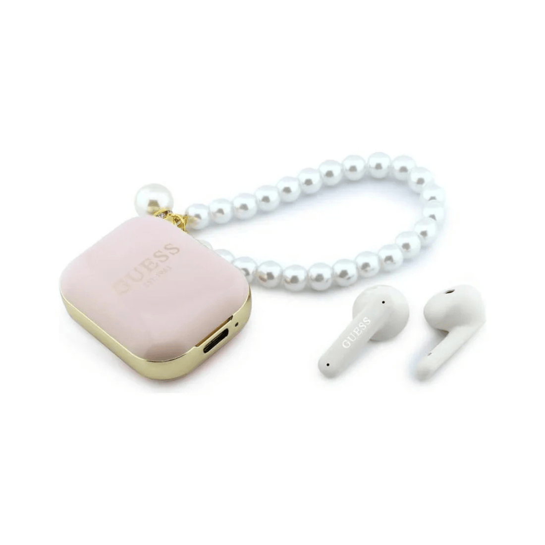 Guess True Wireless Earbuds Rectangle Printed Logo Case With Pearl Strap