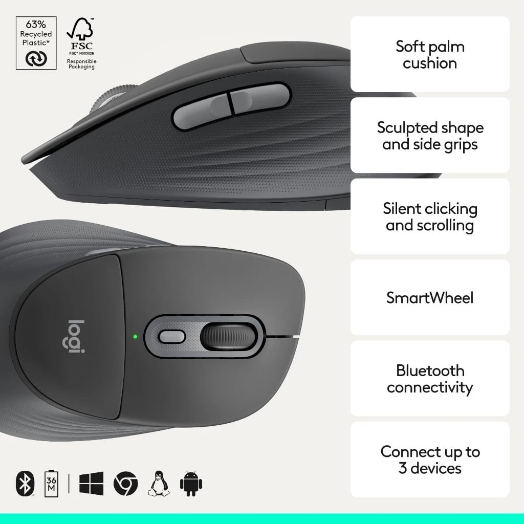 Logitech Signature Comfort Plus M850 L | Wireless Bluetooth Mouse With Palm Cushion For Enhanced Comfort