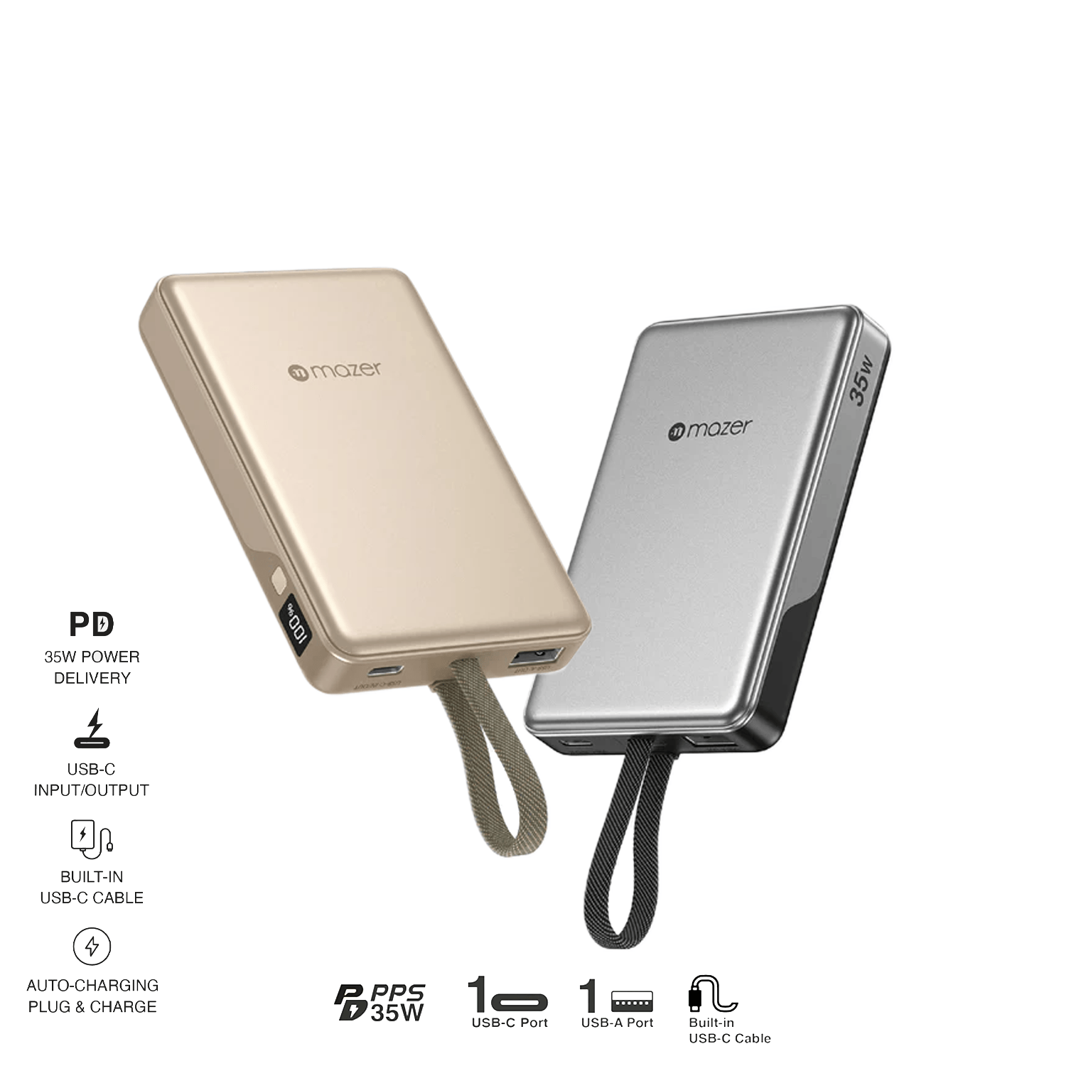 Mazer 10000mAh PD35W Fast Charging Powerbank with Built-in USB-C Cable (CCC Certified)