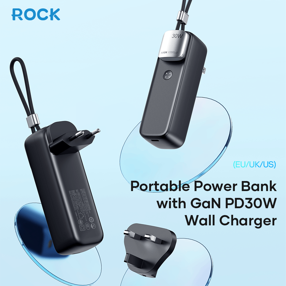 ROCK Portable 5,000 mAh Power Bank with GaN PD30W Wall Charger