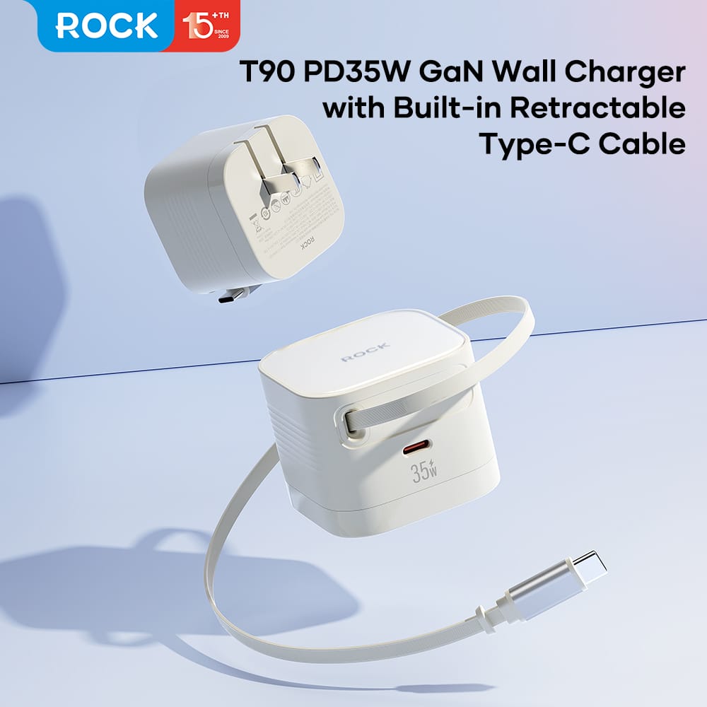 ROCK T90 35W GaN Wall Charger with Built-in Retractable Type-C Cable