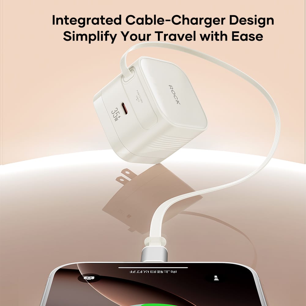 ROCK T90 35W GaN Wall Charger with Built-in Retractable Type-C Cable