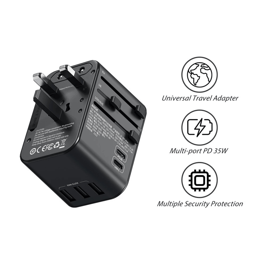 ROCK T62 Multifunctional World Travel Adapter PD 35W Fast Charger