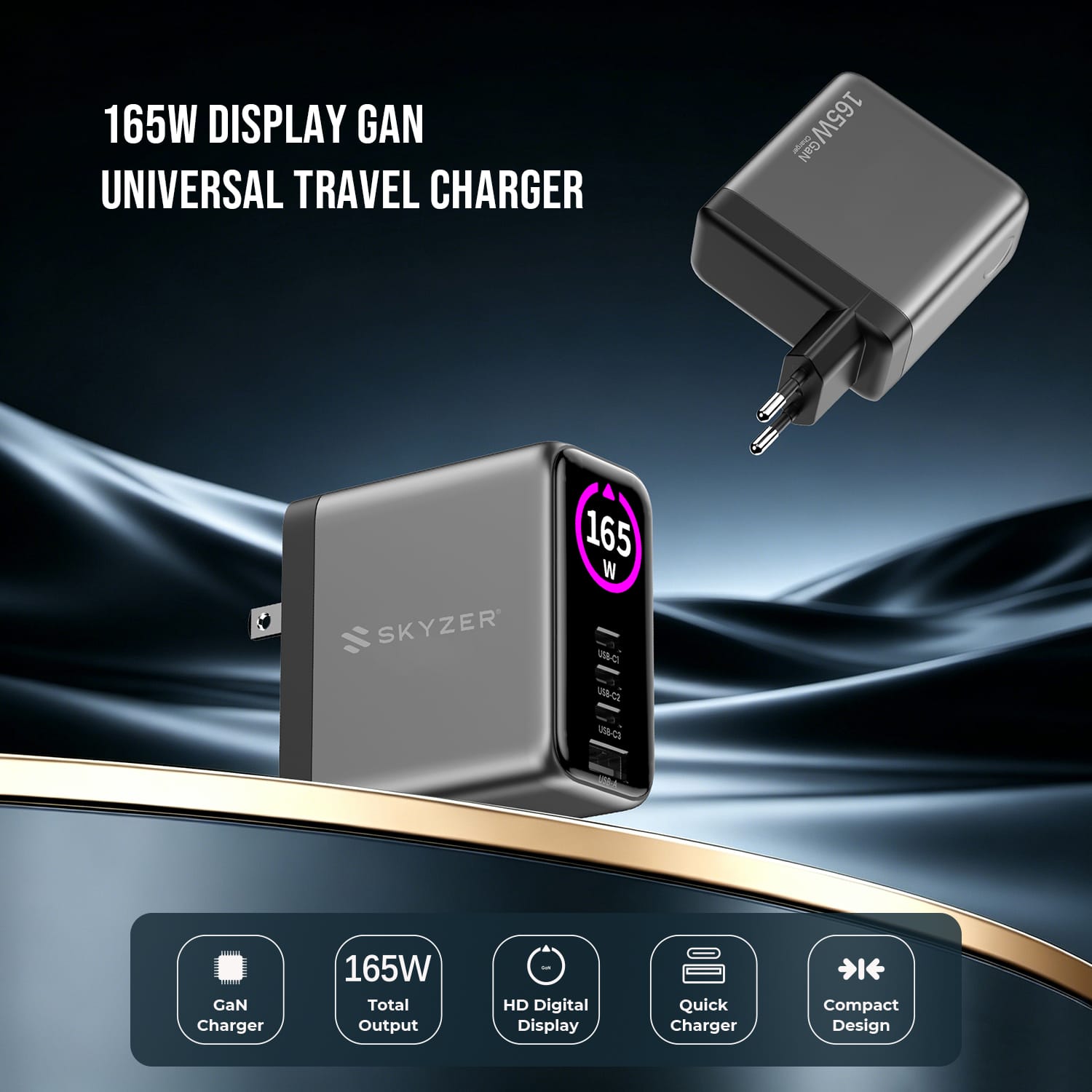 SKYZER PD173GY | 165W Display GaN Universal Travel Charger