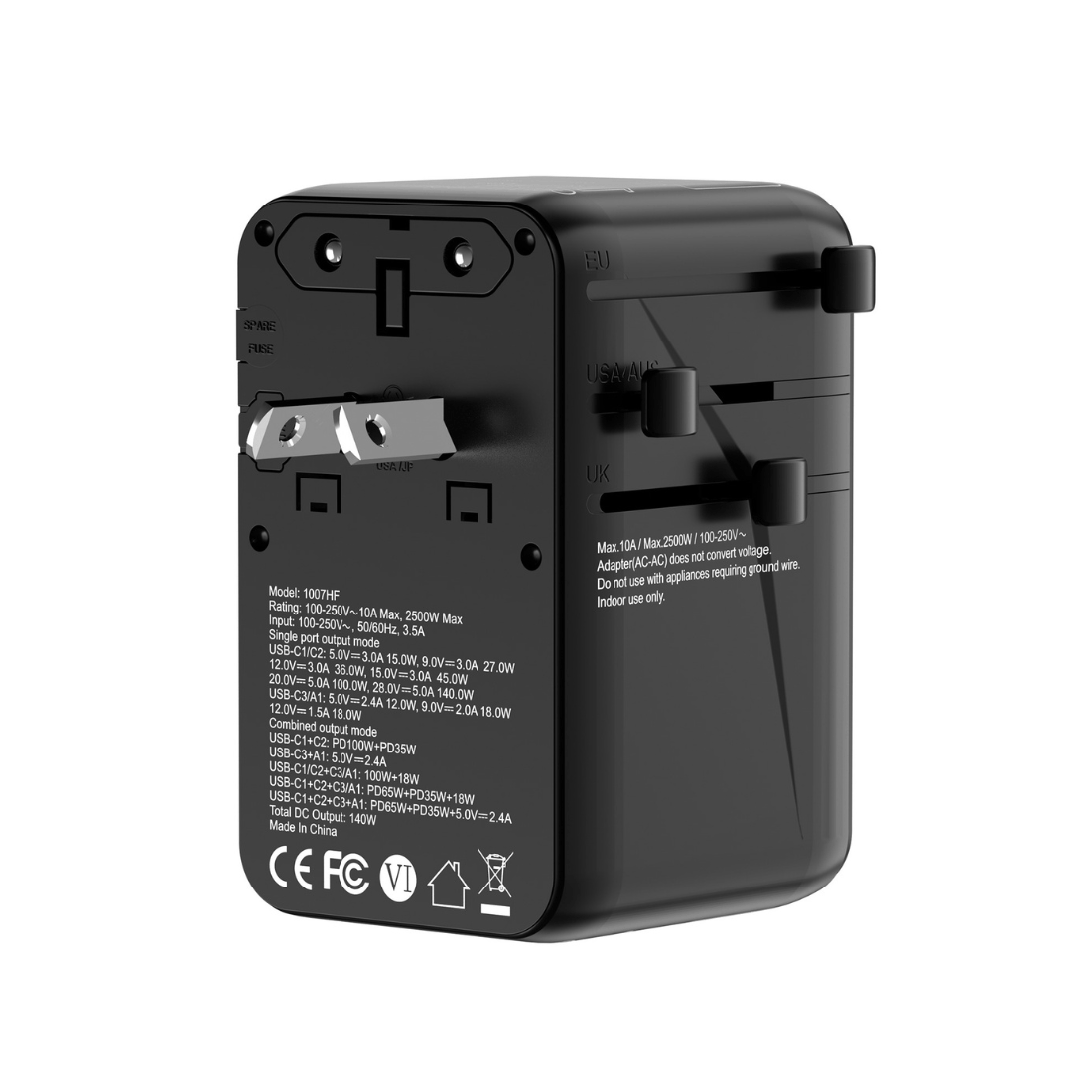 SKYZER PD175BK | 140W GaN Fast-Charging Travel Adapter with 3 USB-C, USB-A & Dual AC Sockets