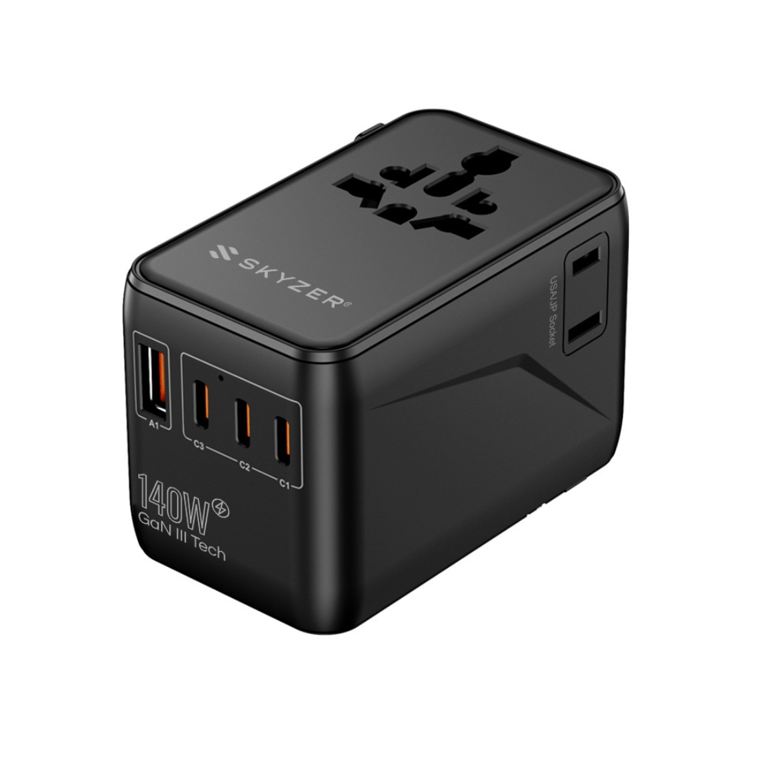 SKYZER PD175BK | 140W GaN Fast-Charging Travel Adapter with 3 USB-C, USB-A & Dual AC Sockets