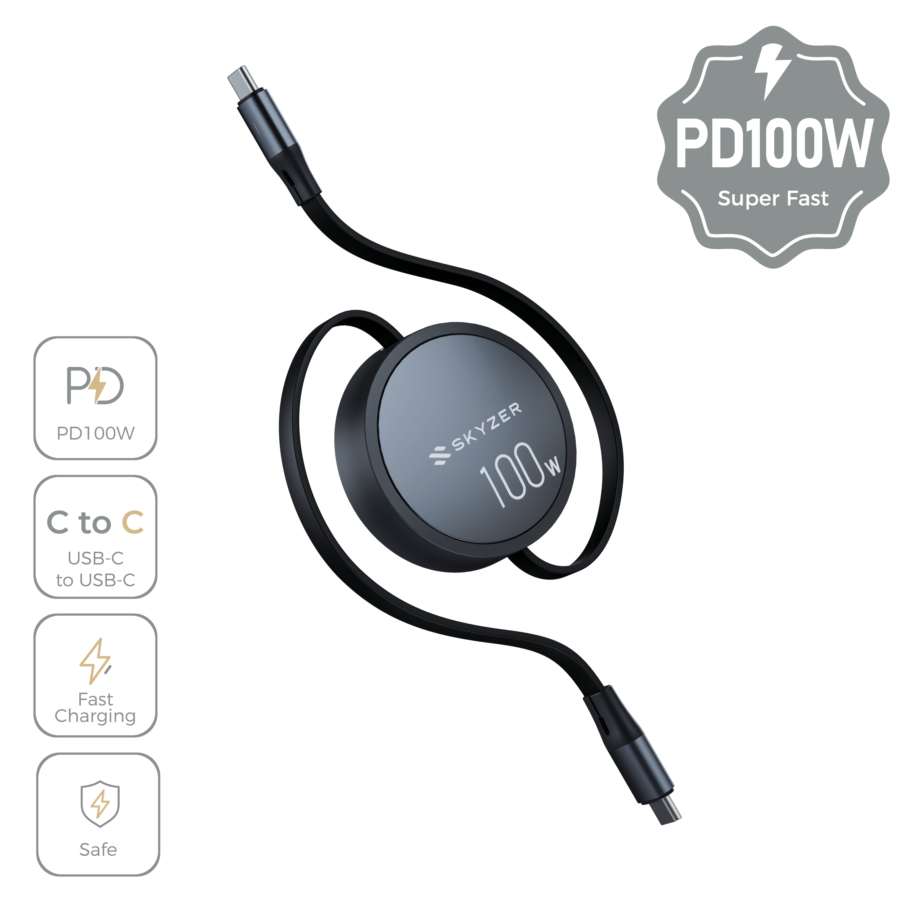 Skyzer SZRC100 PD100W Retractable Fast Charging Cable (Type-C to Type-C)