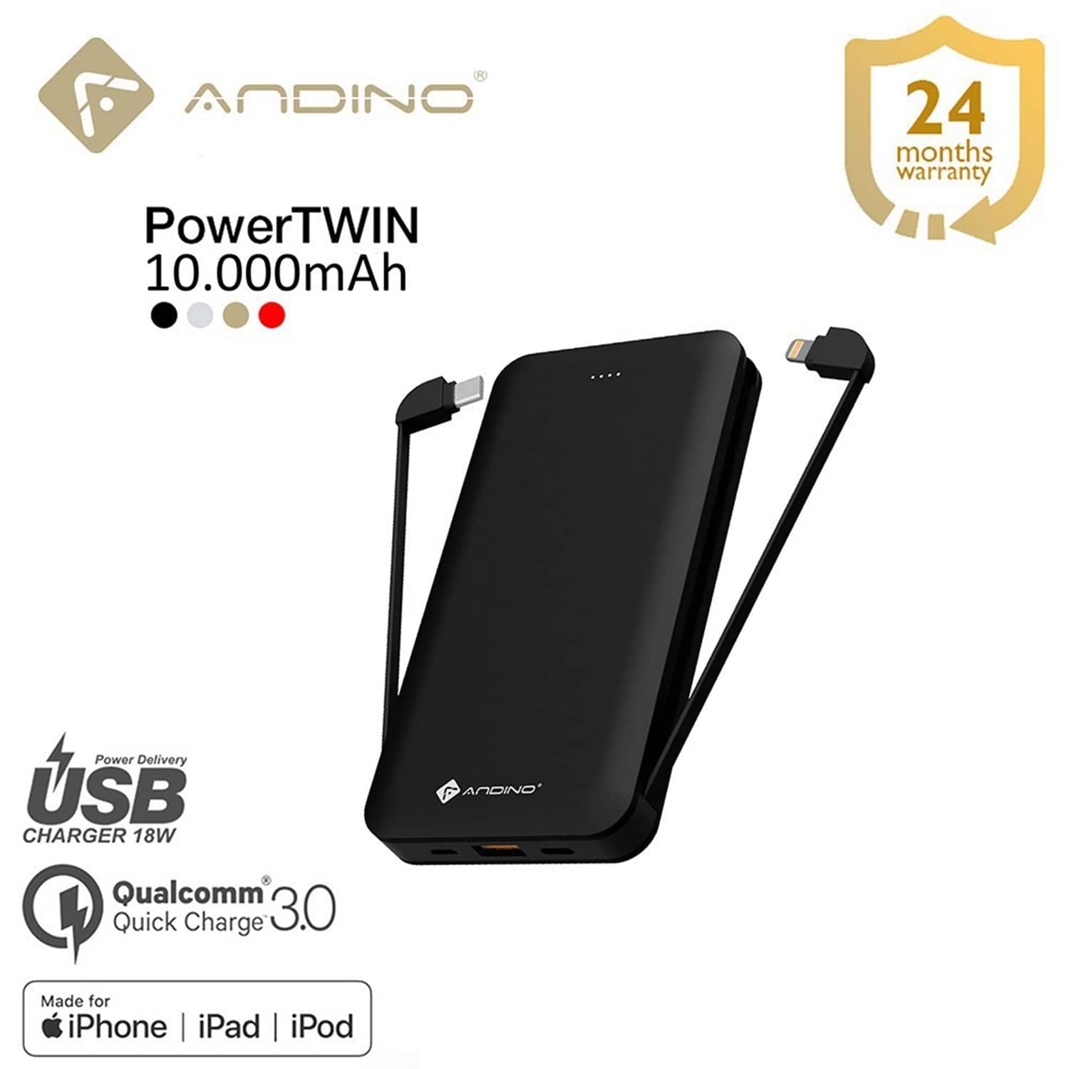 Andino PowerTWIN MFI 10000 QCPD 3.0 Fast Charge Power Bank (Matte Aluminium)