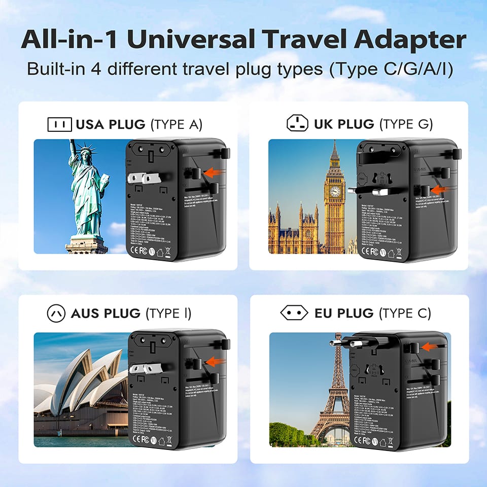 SKYZER PD175BK | 140W GaN Fast-Charging Travel Adapter with 3 USB-C, USB-A & Dual AC Sockets