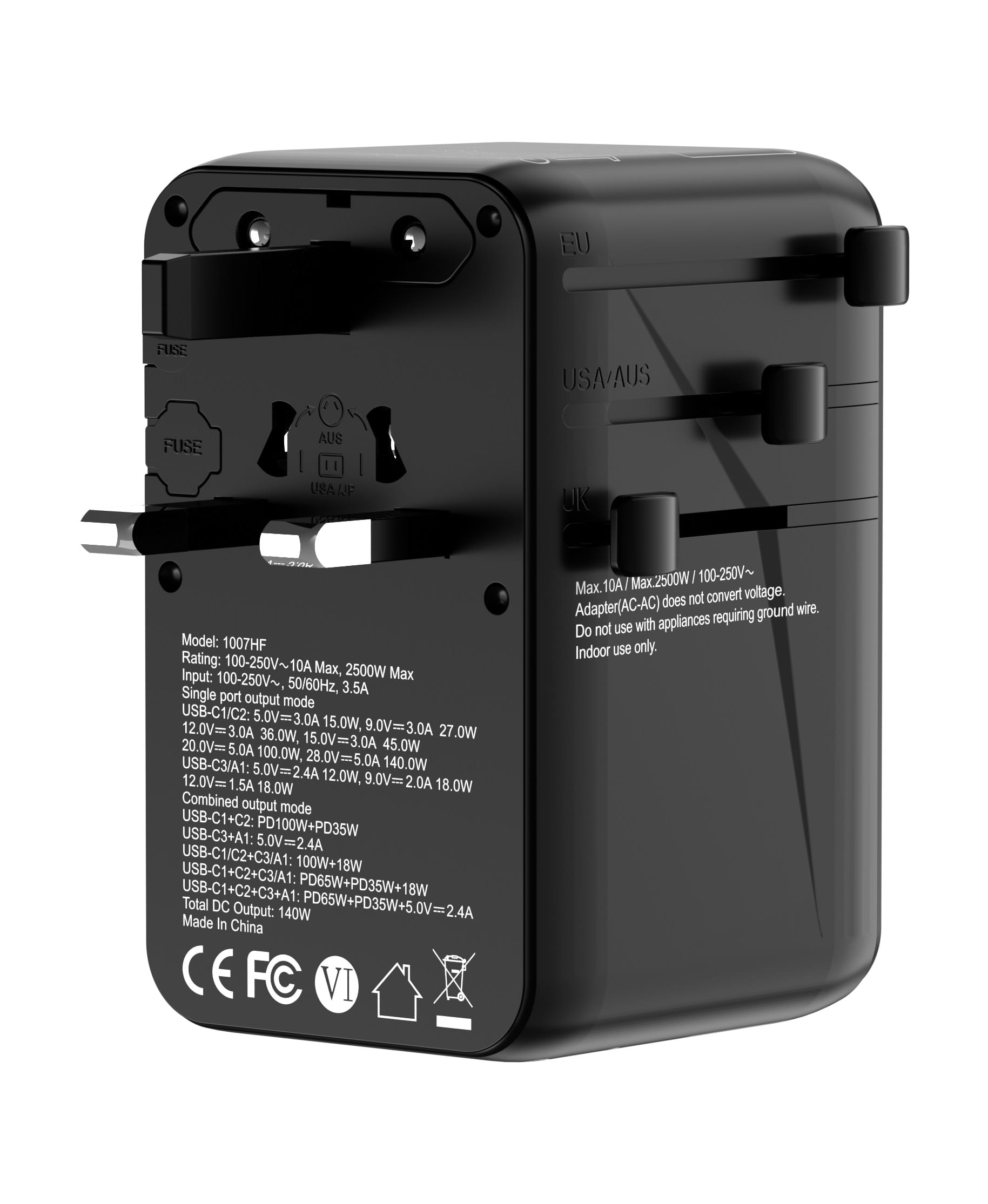 SKYZER PD175BK | 140W GaN Fast-Charging Travel Adapter with 3 USB-C, USB-A & Dual AC Sockets