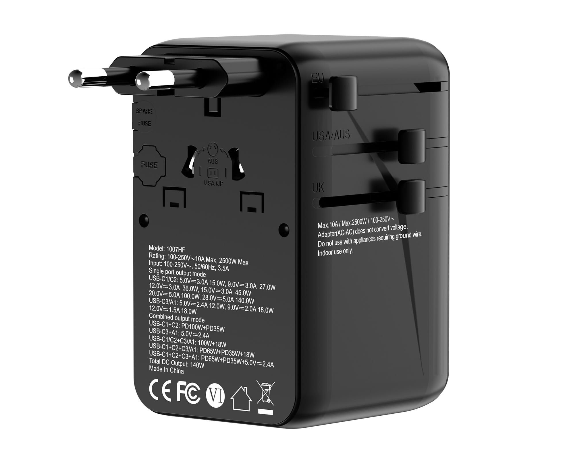 SKYZER PD175BK | 140W GaN Fast-Charging Travel Adapter with 3 USB-C, USB-A & Dual AC Sockets