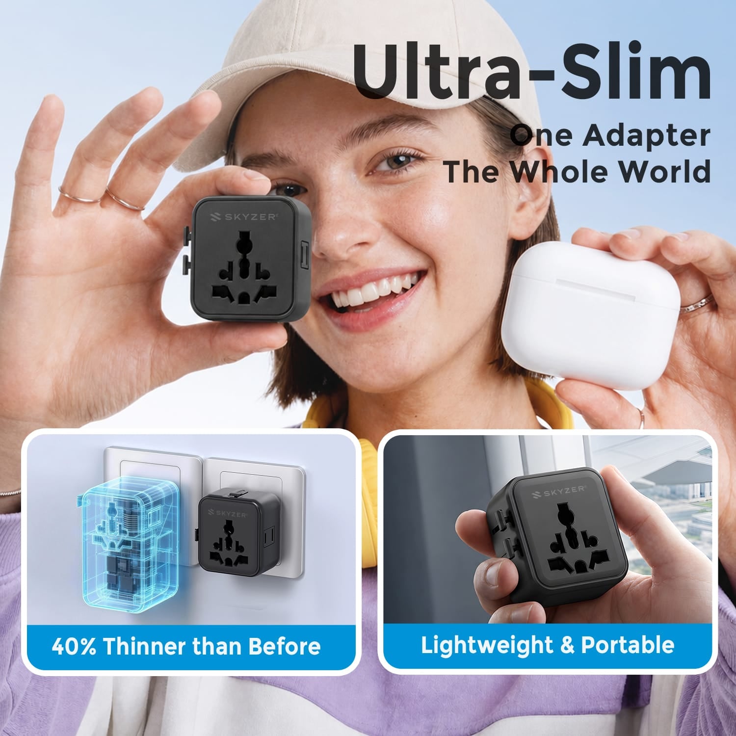 SKYZER PD151BK | Ultra-Slim Multi-Nation Travel Adapter with Dual AC Sockets