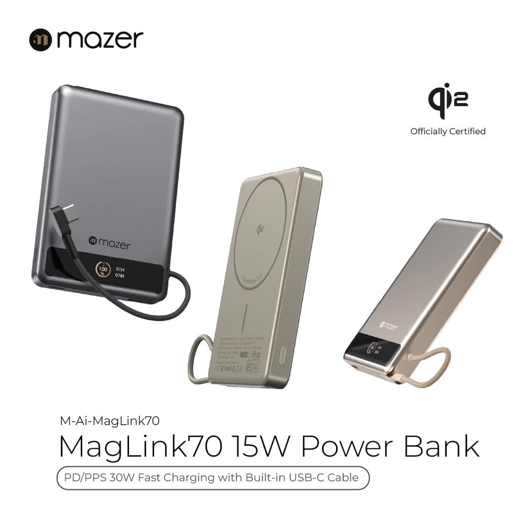 Mazer MagLink70 10,000 mAh Qi2 Certified 15W PD30W Magnetic Wireless Power Bank with Built in USB-C Cable (CCC Certified)