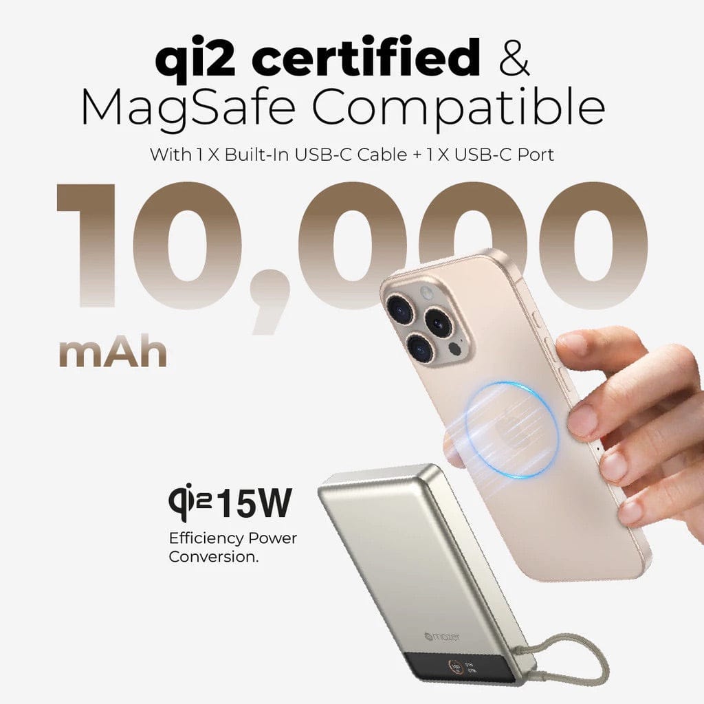 Mazer MagLink70 10,000 mAh Qi2 Certified 15W PD30W Magnetic Wireless Power Bank with Built in USB-C Cable (CCC Certified)