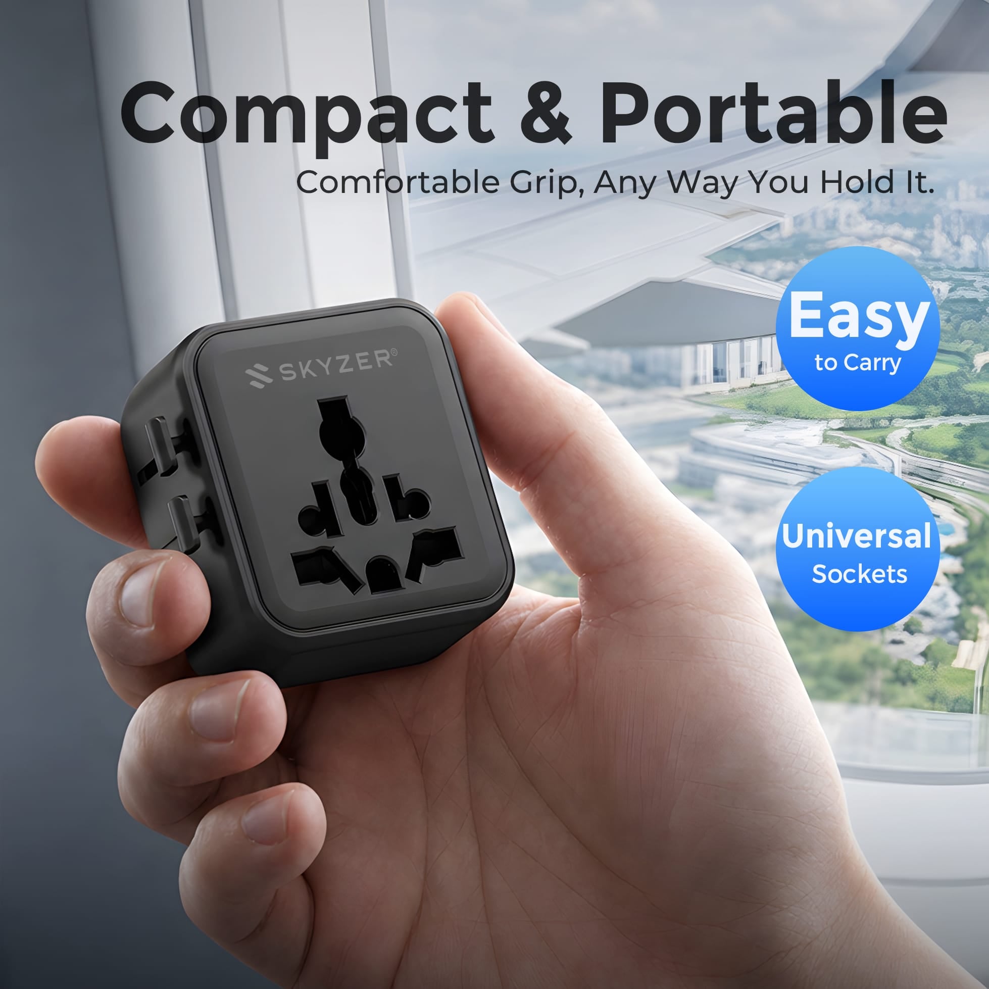 SKYZER PD151BK | Ultra-Slim Multi-Nation Travel Adapter with Dual AC Sockets