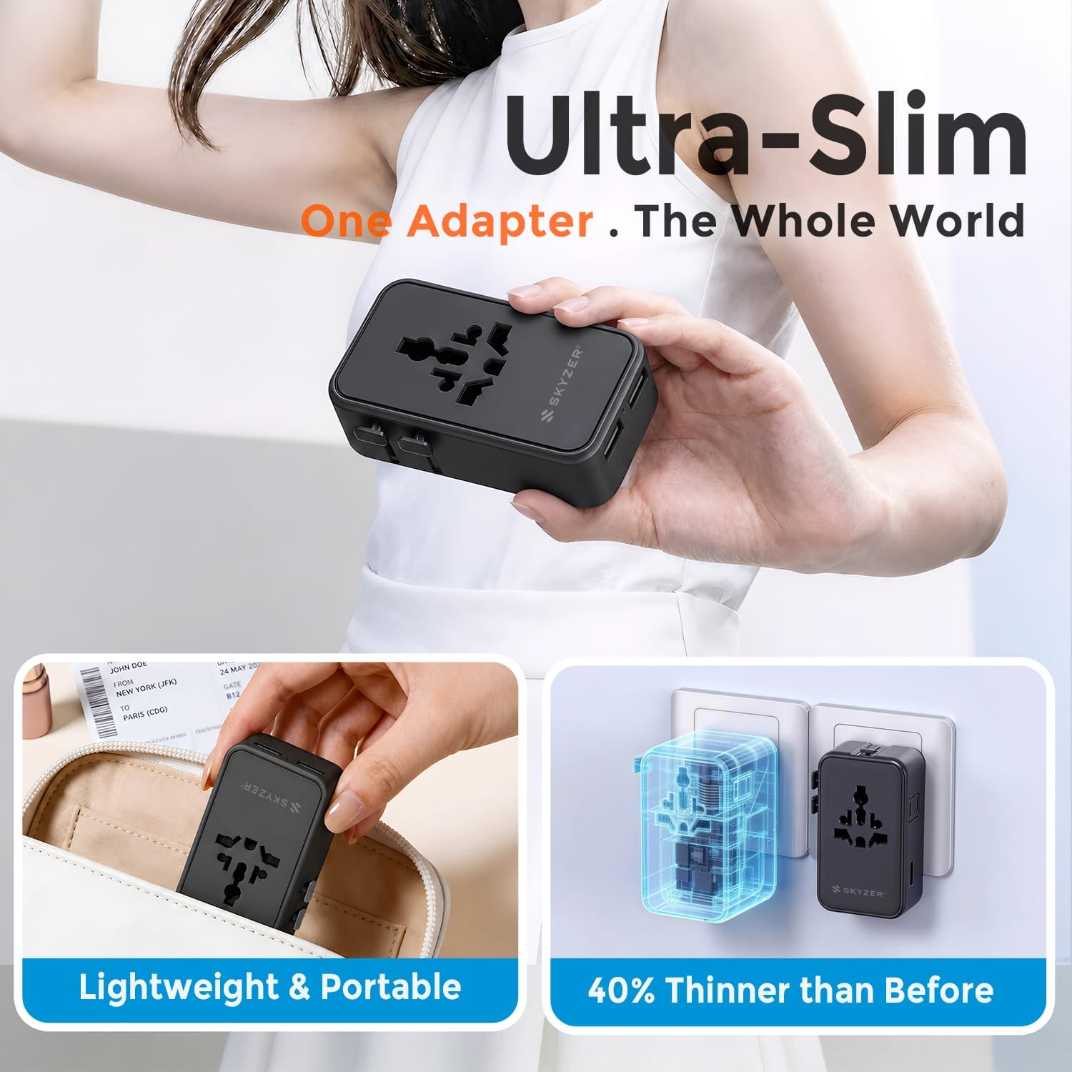 SKYZER PD152BK | 45W GaN Ultra-Slim Travel Adapter with 4 USB Ports & Dual AC Sockets