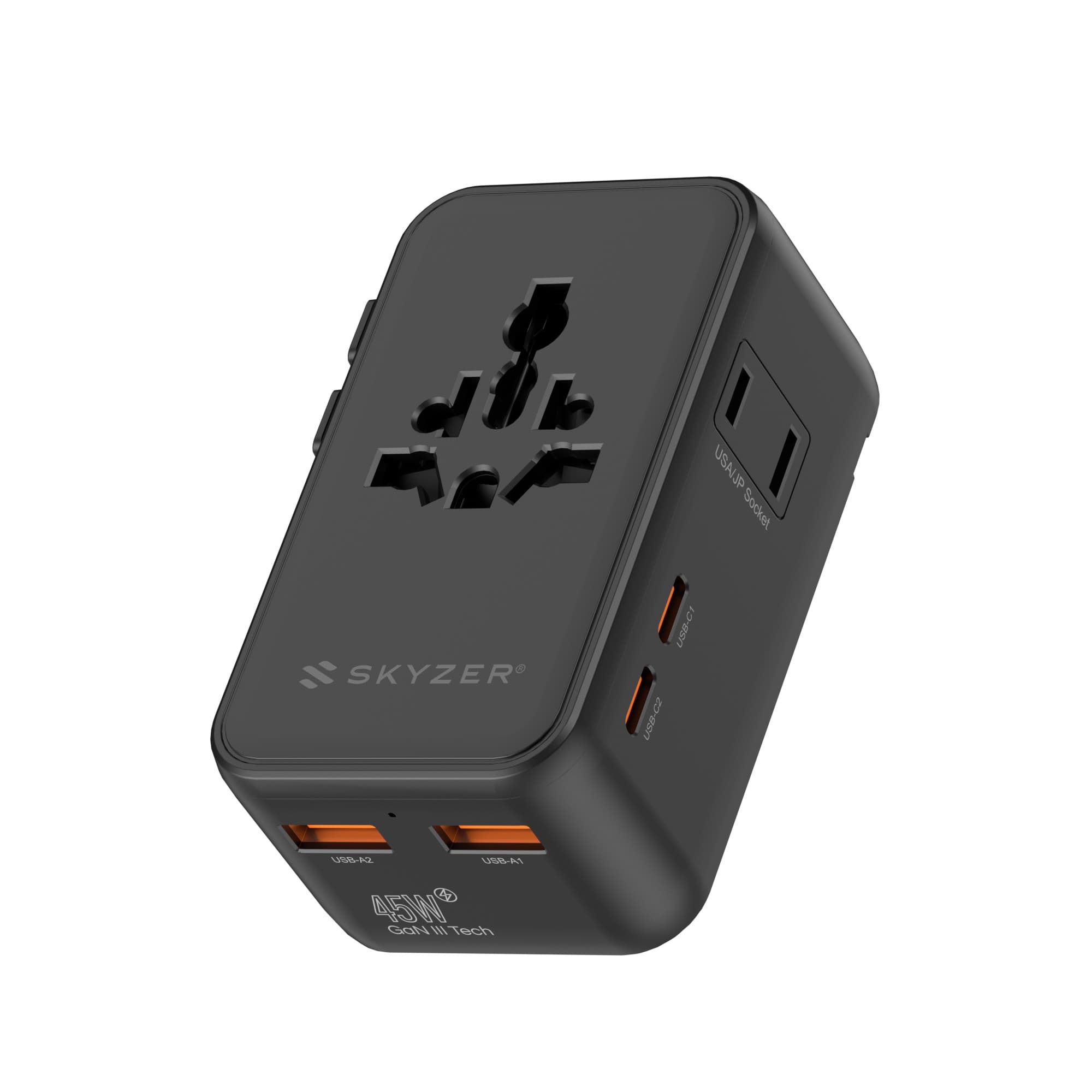 SKYZER PD152BK | 45W GaN Ultra-Slim Travel Adapter with 4 USB Ports & Dual AC Sockets