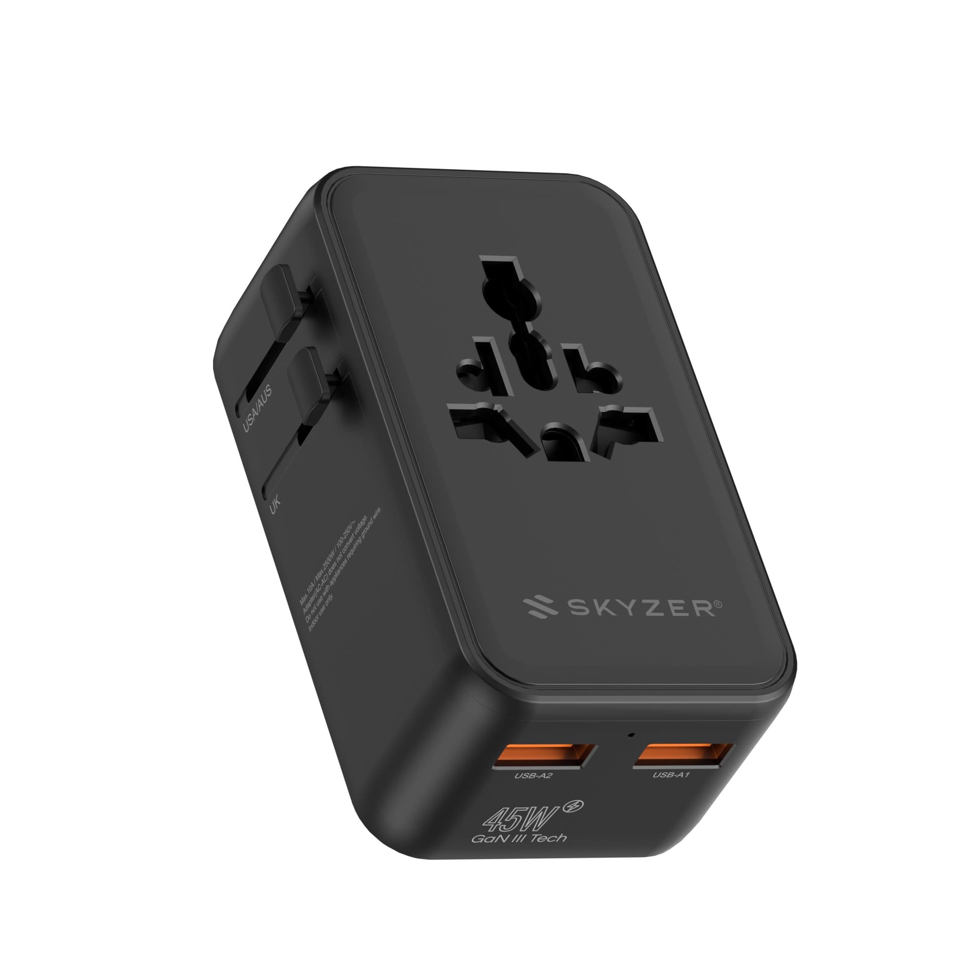 SKYZER PD152BK | 45W GaN Ultra-Slim Travel Adapter with 4 USB Ports & Dual AC Sockets