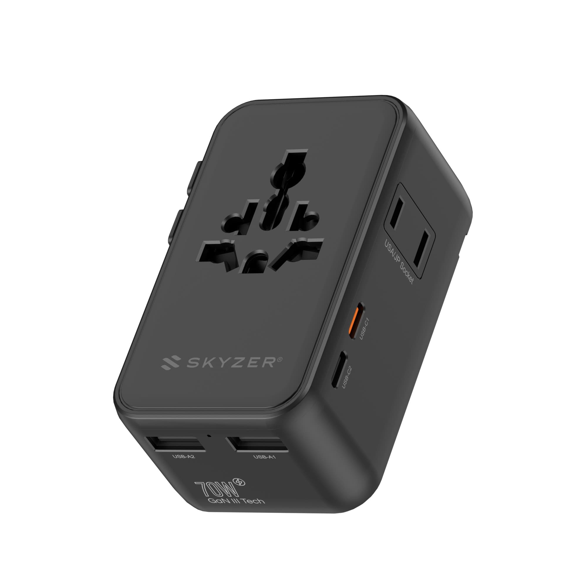 SKYZER PD174BK | 70W GaN III Ultra-Slim Travel Adapter with 4 USB Ports & Dual AC Sockets