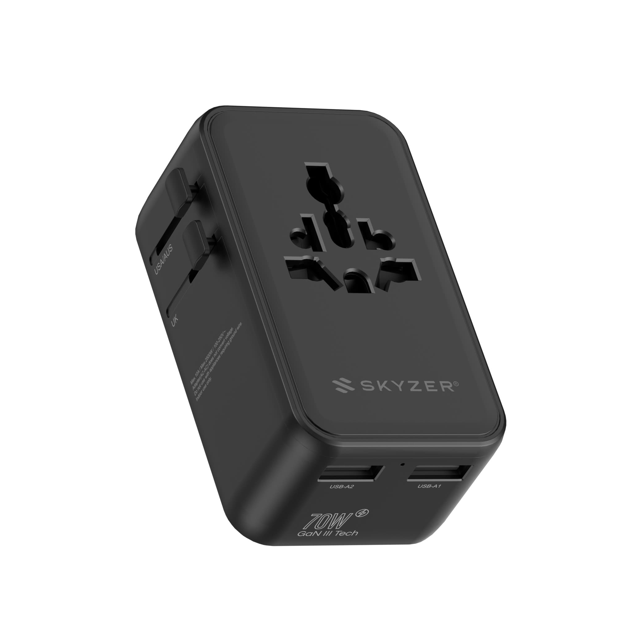 SKYZER PD174BK | 70W GaN III Ultra-Slim Travel Adapter with 4 USB Ports & Dual AC Sockets