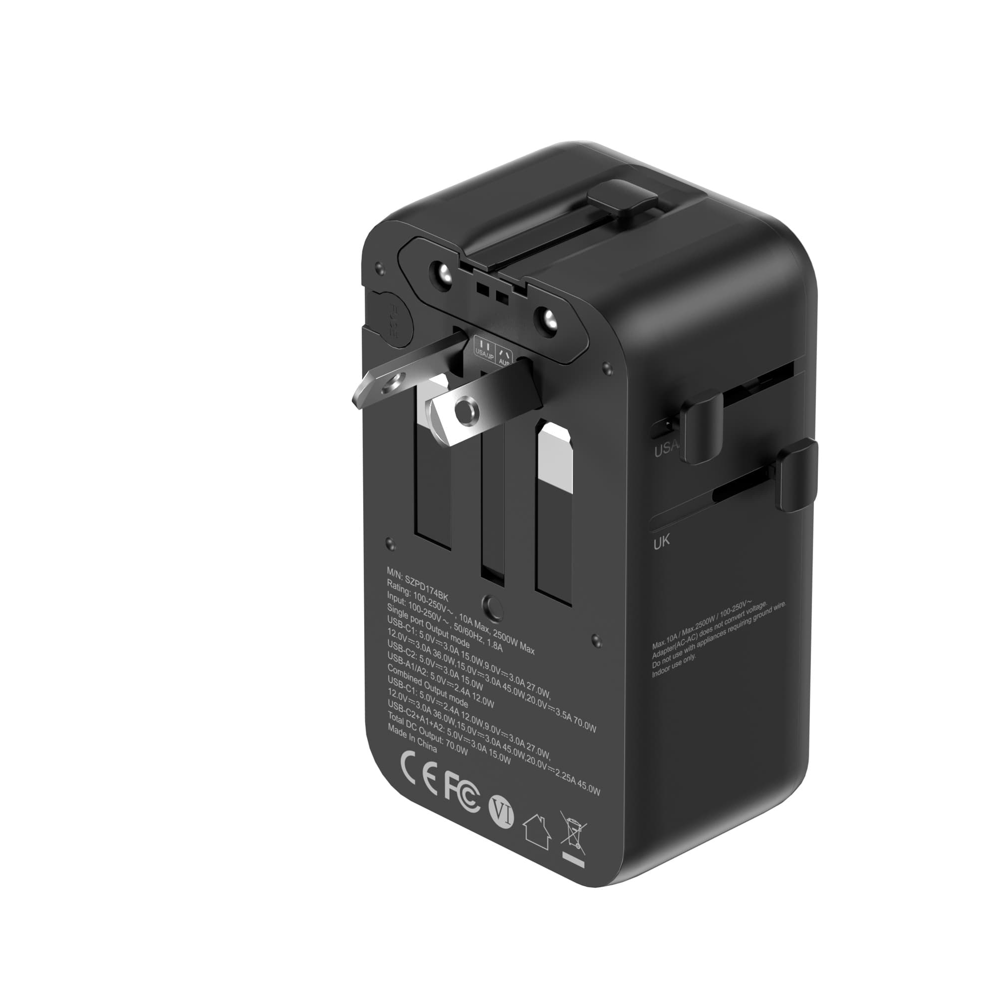 SKYZER PD174BK | 70W GaN III Ultra-Slim Travel Adapter with 4 USB Ports & Dual AC Sockets