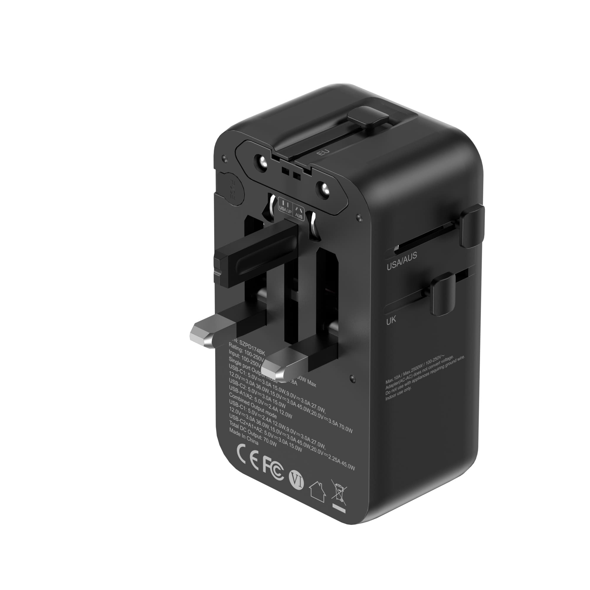 SKYZER PD174BK | 70W GaN III Ultra-Slim Travel Adapter with 4 USB Ports & Dual AC Sockets